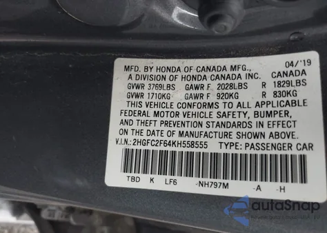 2019 Honda Civic Lx from USA, damaged, VIN 2HGFC2F64KH558555